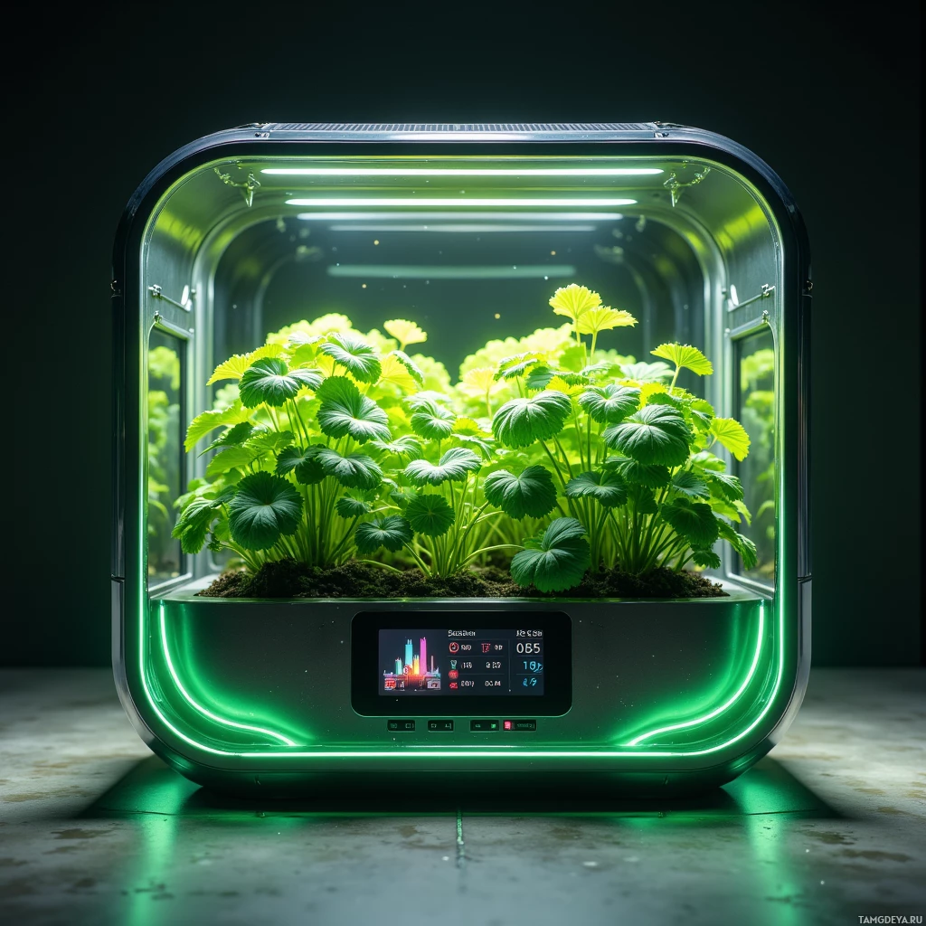 Semi-abstract image with many light, that is suitable for the post:  Compact hydroponic garden box with sleek titanium frame, integrated tiny hydroponic tubes, OLED panel displaying plant health metrics, smart soil sensors, subtle green LED lighting, and built‑in solar panels.