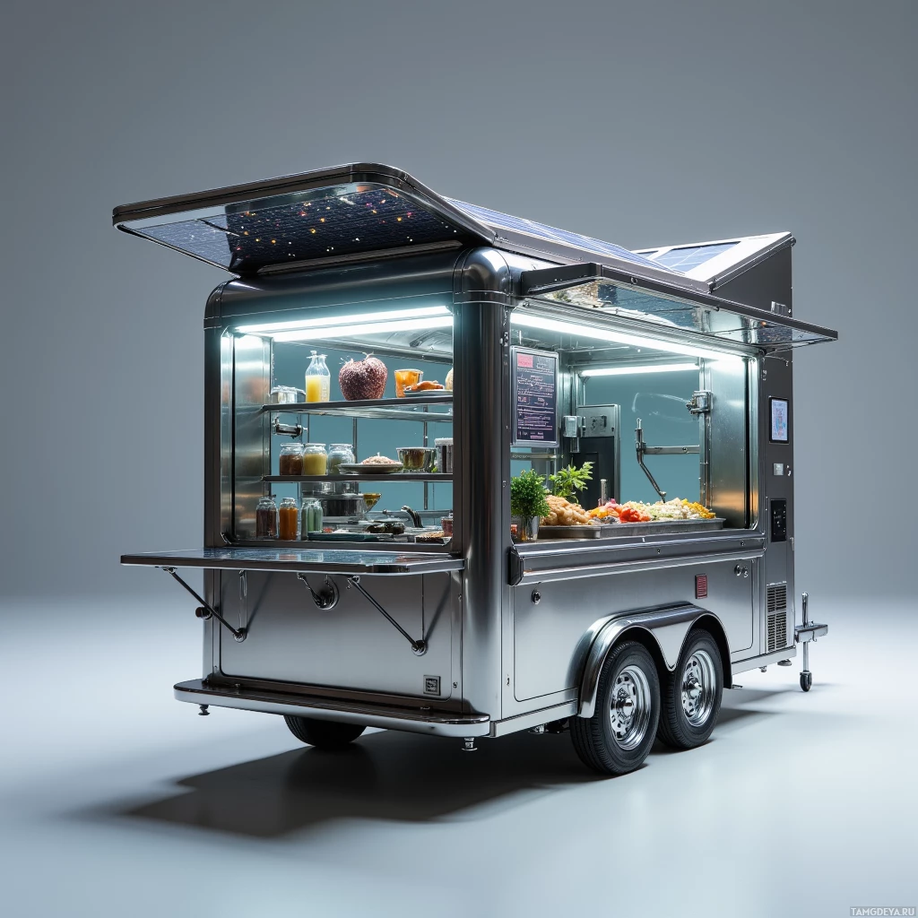 Semi-abstract image with many light, that is suitable for the post:  Sleek portable street‑food kiosk on wheels with a chrome‑finished metal frame, clear glass front, rotating grill, integrated spice rack, touch‑screen menu panel, and mounted solar panels on a compact roof, all in polished stainless steel with subtle LED accents.