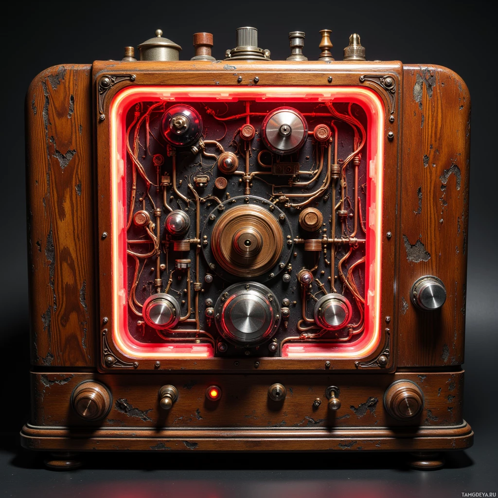 Semi-abstract image with many light, that is suitable for the post:  A chipped mahogany-bodied synth with worn grain, exposed copper circuitry, a glowing neon ribbon of coils, rustic wood panels, and a hand‑cranked rotary dial.