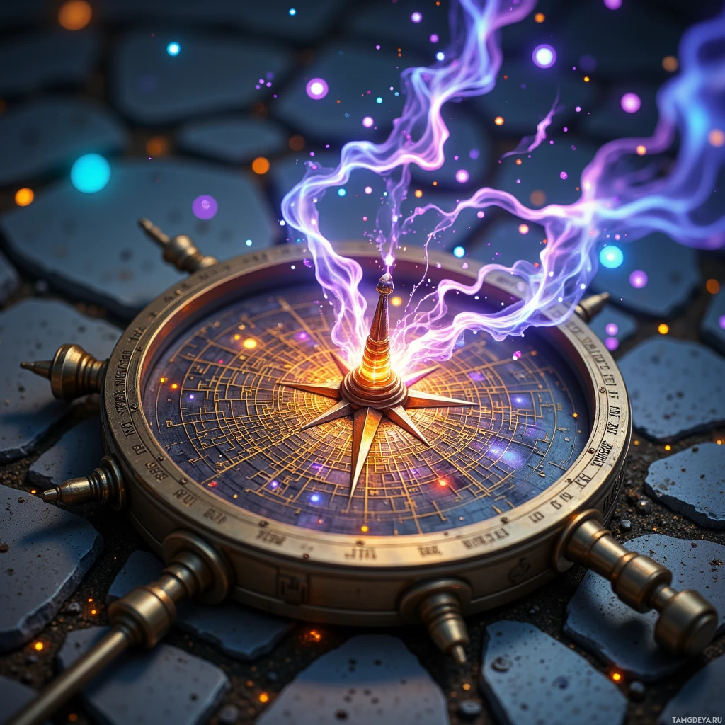 Semi-abstract image with many light, that is suitable for the post:  Polished brass compass with an ornate engraved city map, equipped with a miniature holographic projector emitting vibrant mythic overlays onto surrounding pavement, creating luminous, swirling light effects.