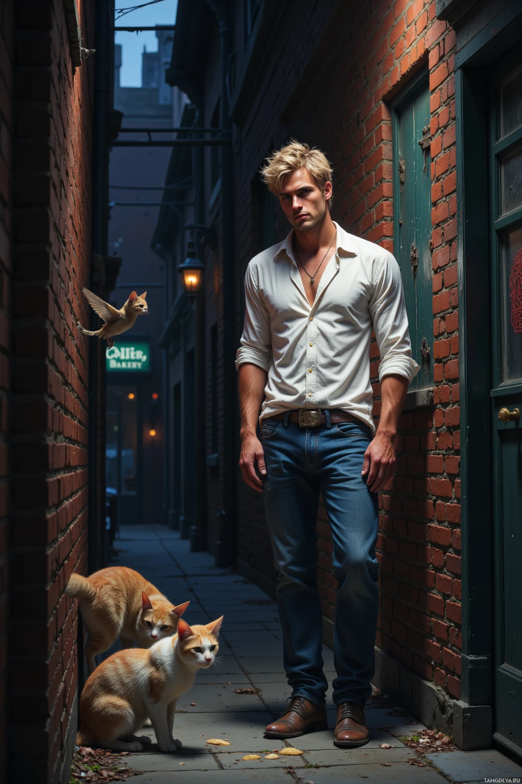 Realistic high quality photo. Male, 32, messy blonde hair, piercing blue eyes, wearing a simple white shirt and jeans with a cat pendant, relaxed yet attentive posture, standing in a dimly lit brick alley beside a forgotten bakery basement door, whispering to alley cats as a small bird leaves a breadcrumb trail leading to the door, late evening, mystery atmosphere, urban shadows, cat silhouette on a ledge.