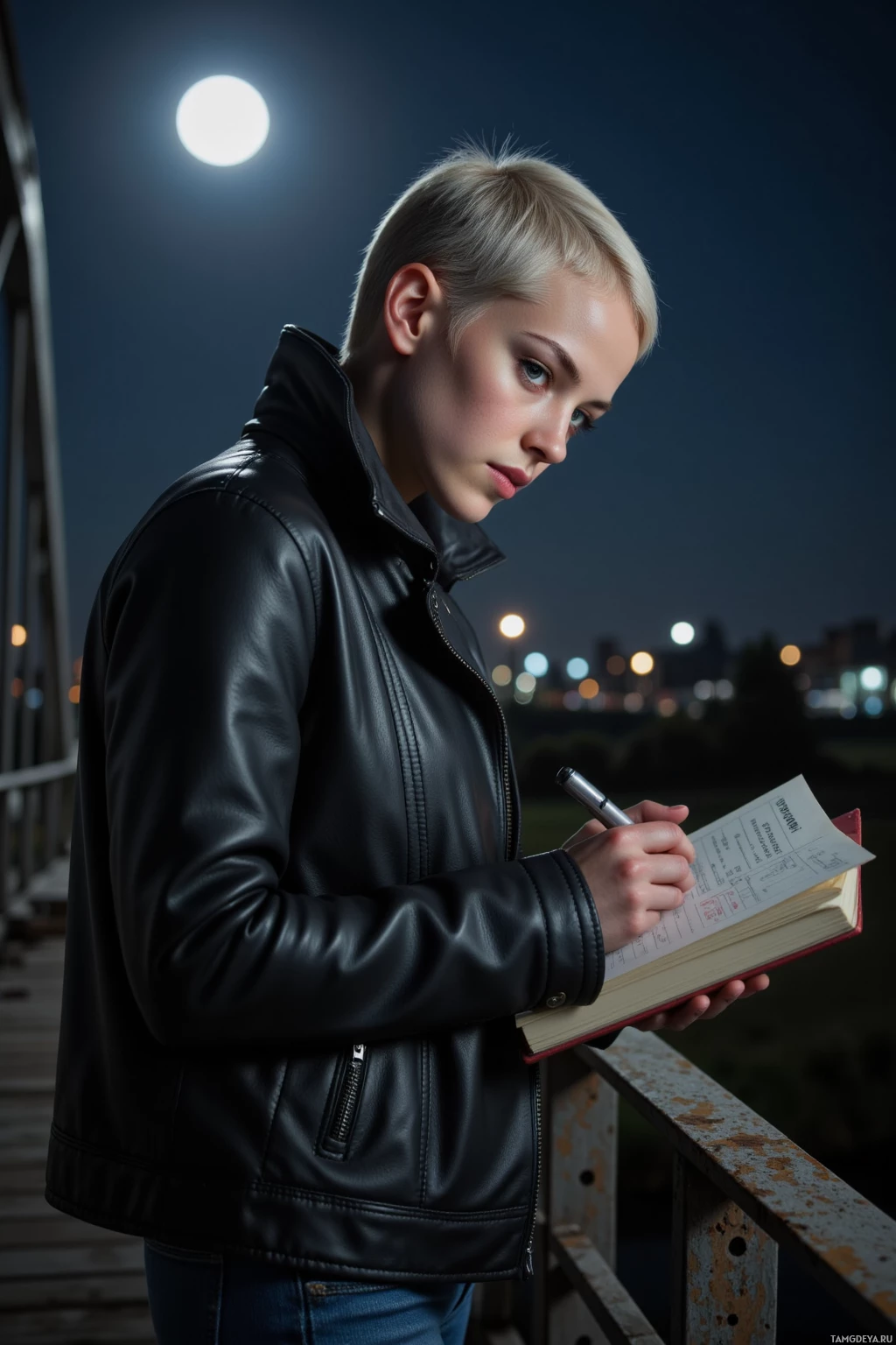 Realistic high quality photo. Pale woman with short silver blonde undercut and green eyes, wearing a sleek black leather jacket, standing on an abandoned rail bridge at night under moonlight, writing in a notebook while silver threads of steel rails catch the glow in a quiet urban setting.