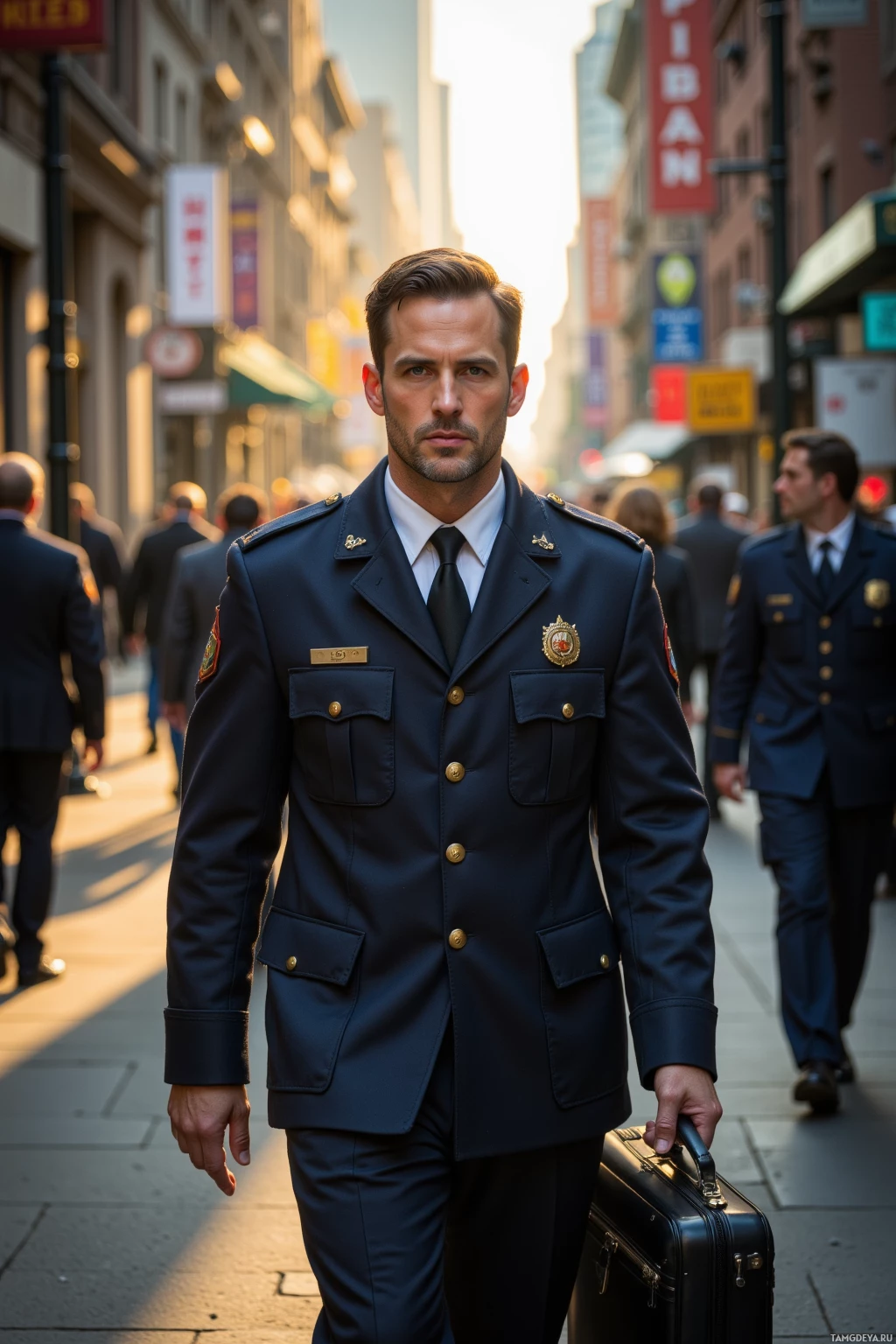 Realistic high quality photo. A 35‑year‑old man with short dark hair, striking blue eyes and a calm focused demeanor in a neatly pressed paramedic uniform walks through a bustling downtown grid at dawn, briefcase in hand, his gaze steady as soft window light filters through blinds above the street hum.