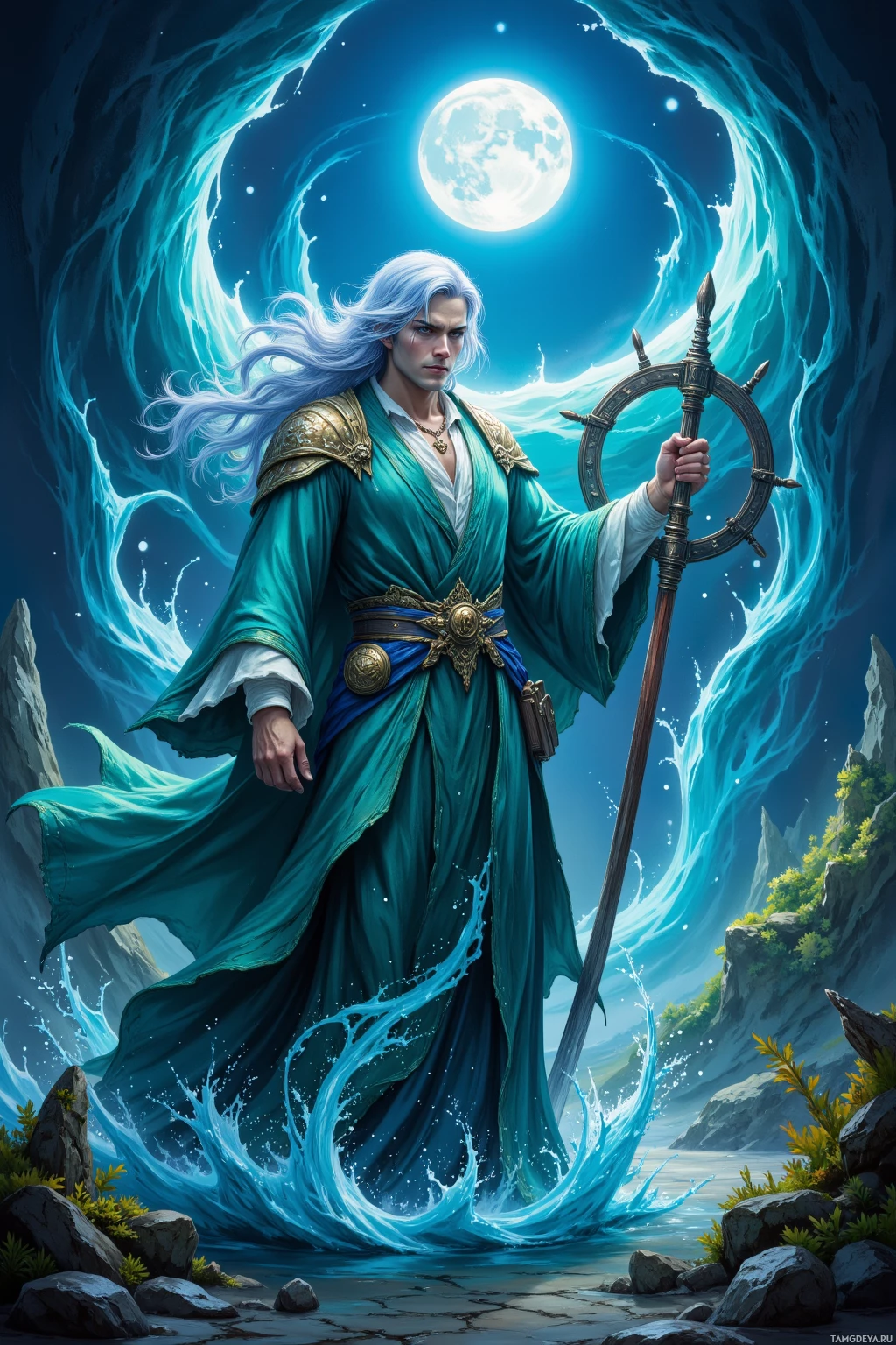 Realistic high quality photo. A serene male sorcerer in his late twenties with flowing light blue hair, clear oceanic eyes and pale complexion, clad in elegant turquoise and deep sea green robes adorned with subtle wave motifs, stands at the helm of a moonlit ship amid bioluminescent kelp forest, gazing into swirling tides while guarding hidden ocean depths.