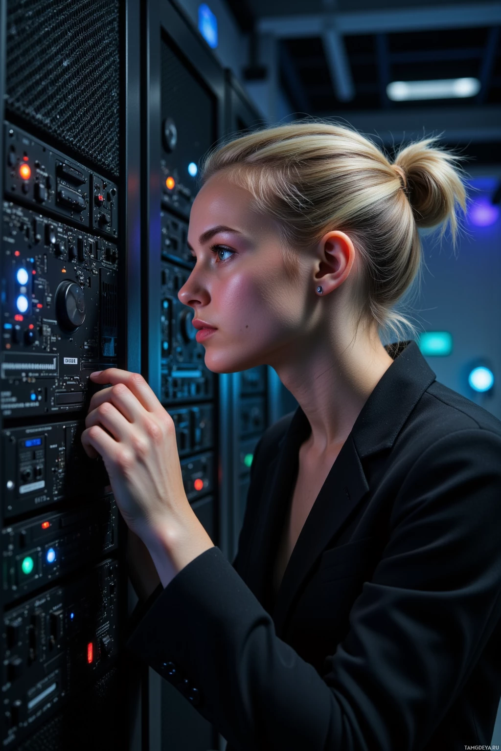 Realistic high quality photo. A 31‑year‑old woman with straight blonde hair in a bun, green eyes, white skin, wearing a black blazer and minimalist silver earrings, cataloguing cryptic firmware sigils in a dim server room at midnight, whispering to the circuitry while surrounded by racks of humming servers.