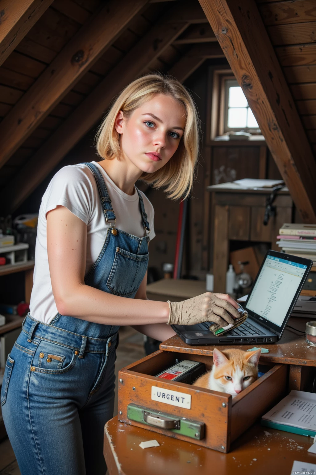 Realistic high quality photo. A practical woman, 34, short blonde hair, clear blue eyes, fair skin, wearing denim overalls, a simple t‑shirt, and sturdy gloves, standing in a cluttered attic with dusty wooden beams and a small window, sorting an old VHS tape labeled “Nostalgic Cat Strikes Back” into a labeled “Urgent” drawer while a small indifferent cat peeks from the drawer, working at a wooden desk with a laptop showing a spreadsheet, afternoon light filtering through the window.