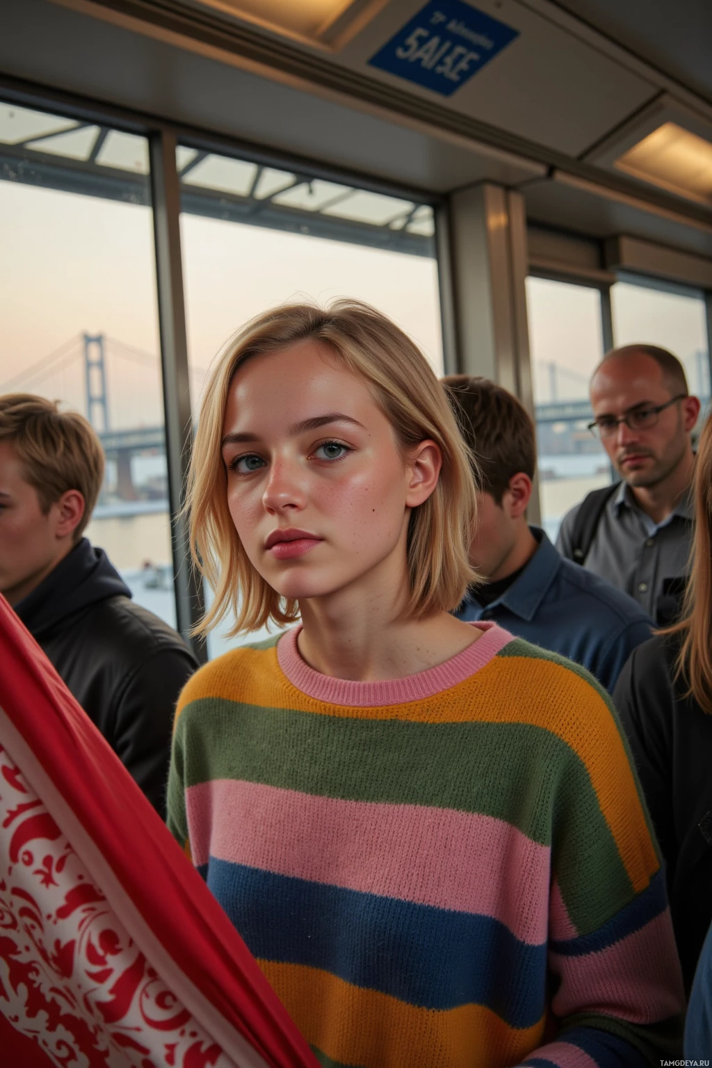 Realistic high quality photo. A bubbly 24‑year‑old woman with messy strawberry blonde bob, blue‑green eyes and light freckles, wearing a colorful oversized sweater, spins her scarf in slow motion on an early morning train platform surrounded by gray commuters, framed by the window and elevator doors while sunrise lights a nearby 5th Street bridge.