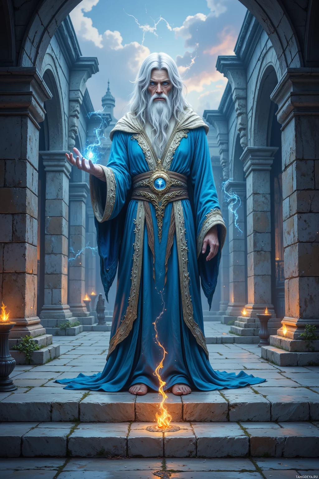 Realistic high quality photo. A 35‑year‑old white‑haired wizard with blue‑green eyes, pale skin, wearing a silver‑and‑deep‑blue mystical robe, stands in a stone courtyard at twilight, aligning wind sigils while guiding apprentices with flicks of fire and stone runes, planting a small seed among ancient stone steps, surrounded by swirling mist and subtle glowing runes, his posture calm and precise.