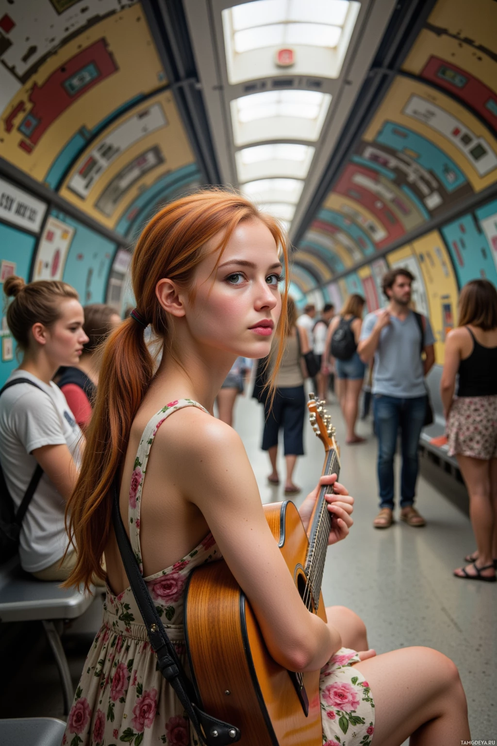 Realistic high quality photo. A 24‑year‑old woman with fiery red hair tied in a loose ponytail, green eyes, wearing a flowy bohemian dress and sandals, strumming a guitar in a subway tunnel as sunlight beams through the ceiling, illuminating chipped paint walls, surrounded by smiling commuters, midday.