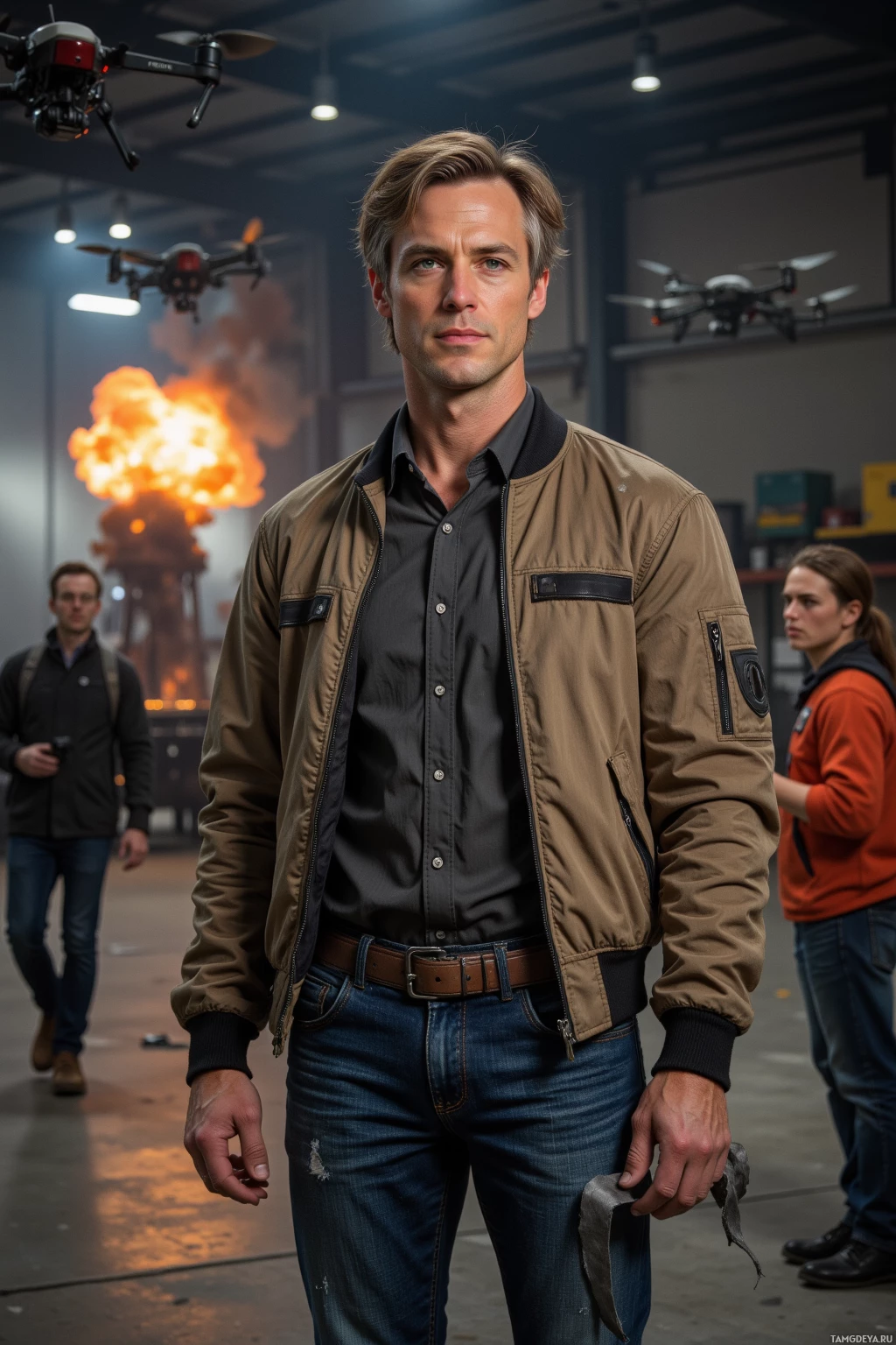Realistic high quality photo. A 54‑year‑old male ex‑stuntman filmmaker with light brown hair streaked with gray, green eyes, wearing a faded bomber jacket and worn denim jeans, standing in a dim warehouse film set beside a practical explosion rig, drones hovering, holding a strip of duct tape, surrounded by crew in workwear under late‑afternoon industrial light.