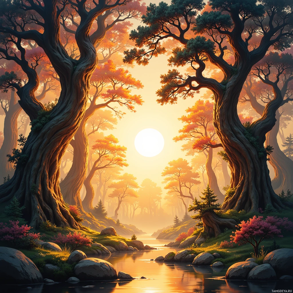 Semi-abstract image with many empty light space at center of beautiful background, that is suitable for the post:  Wind over ancient cedar trees spins a vinyl of sunrise melodies.
