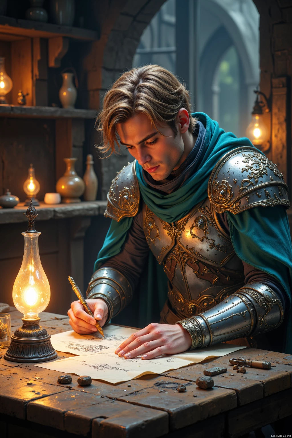 Realistic high quality photo. A 33‑year‑old male with light brown hair, green eyes, pale skin, angular face and high cheekbones, wearing ornate silver and teal fantasy armor with delicate filigree, hunched over a wooden workshop table illuminated by a single glowing lamp whose steady pulse mimics a dragon’s heartbeat, sketching a silver rune that glows faintly in the wind while tiny embers of daydream flicker around him.