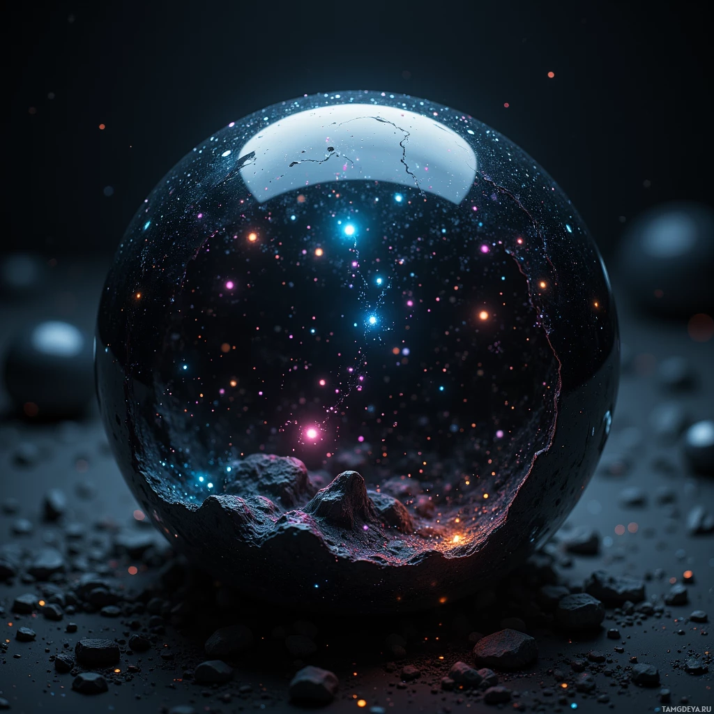 Semi-abstract image with many light, that is suitable for the post:  A matte‑black spherical orb with a rippling glass surface that shifts colors like liquid, faint microcode patterns glow inside, and a subtle internal hum hints at a hidden encryption engine.