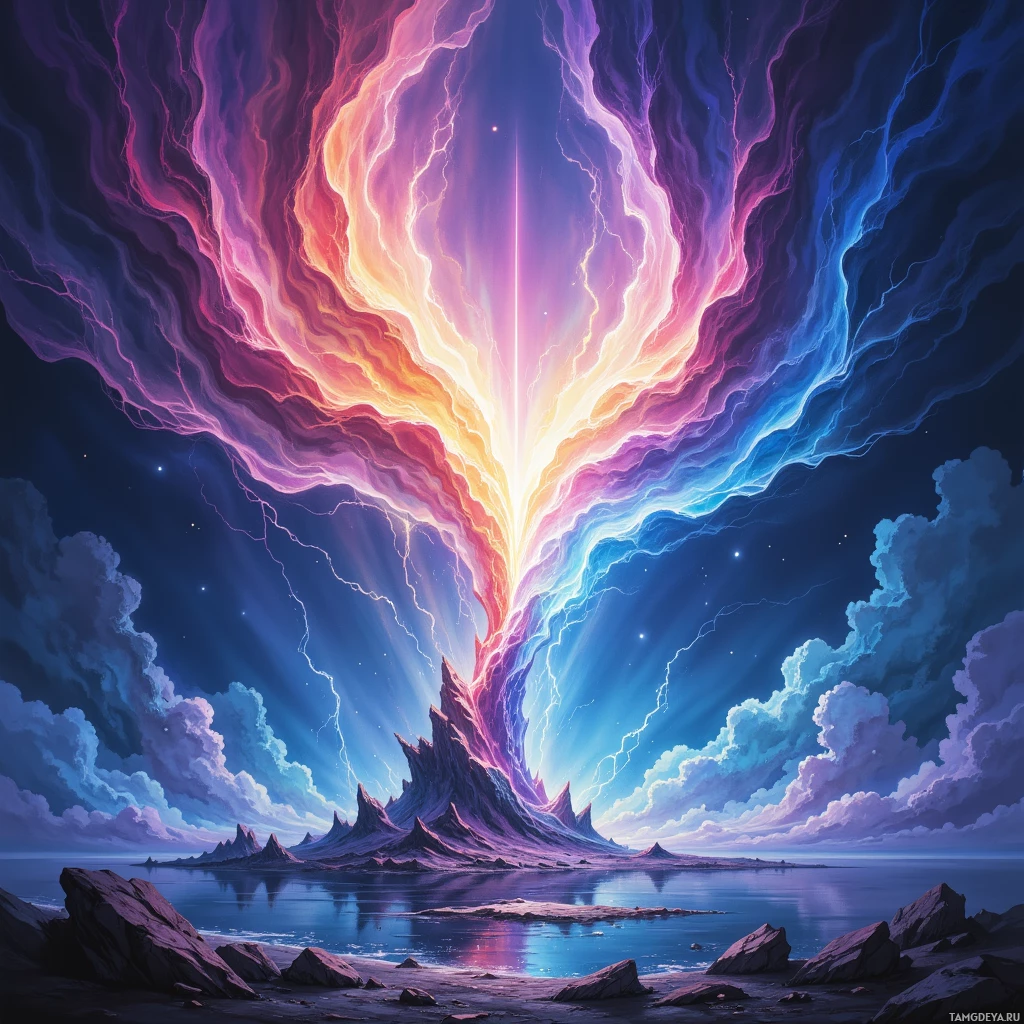 Semi-abstract image with many empty light space at center of beautiful background, that is suitable for the post:  My strategy unfolds like a fractal storm—every decision a lightning strike carving paths I never foresee.