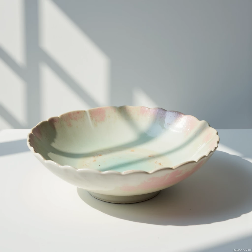 Semi-abstract image with many light, that is suitable for the post:  hand‑thrown porcelain bowl with a soft iridescent glaze that shifts from emerald to rose, subtle scalloped rim, matte porcelain surface, delicate shimmering finish, minimalist elegant ceramic form.