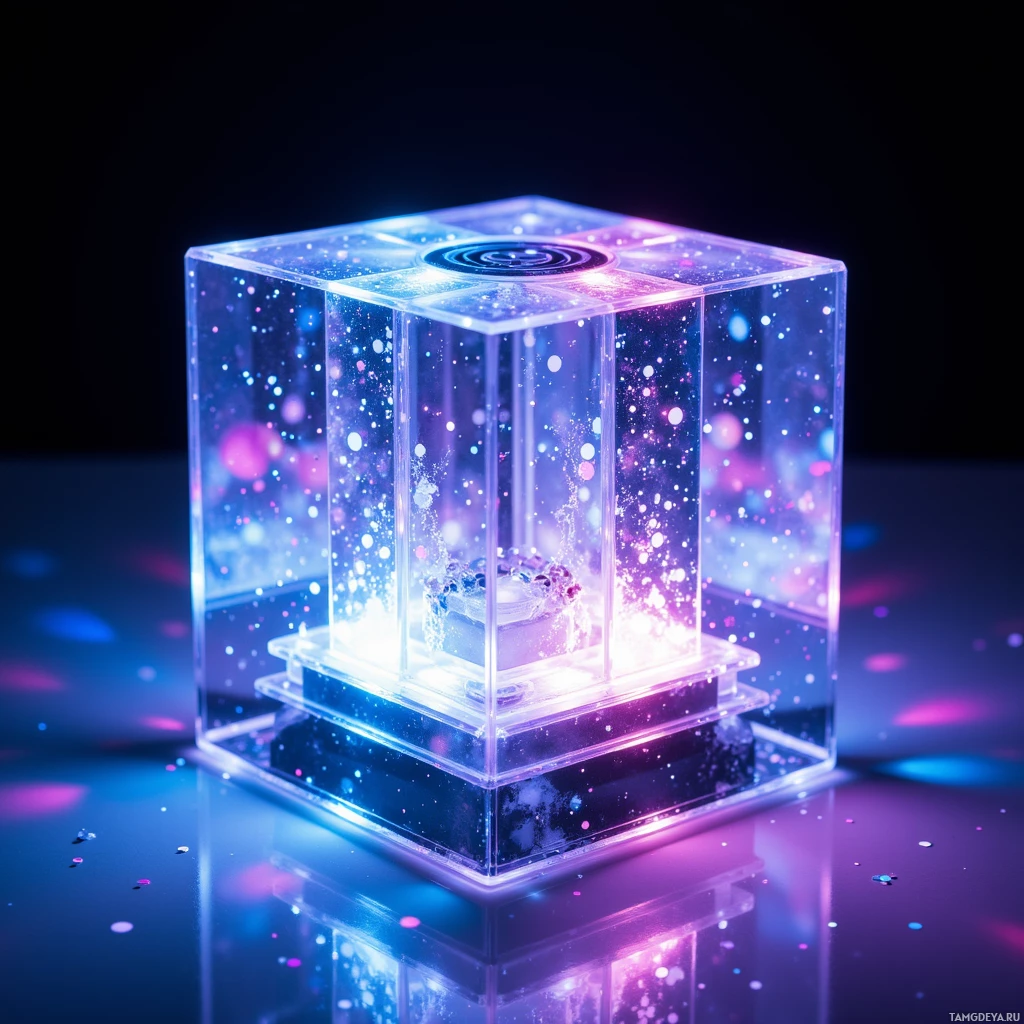 Semi-abstract image with many light, that is suitable for the post:  Clear glass cube with smooth surfaces, embedded color‑changing LED lights that glow and sync to music, projecting tiny holographic confetti bursts, miniature speaker emitting subtle chimes, sleek futuristic tech toy.