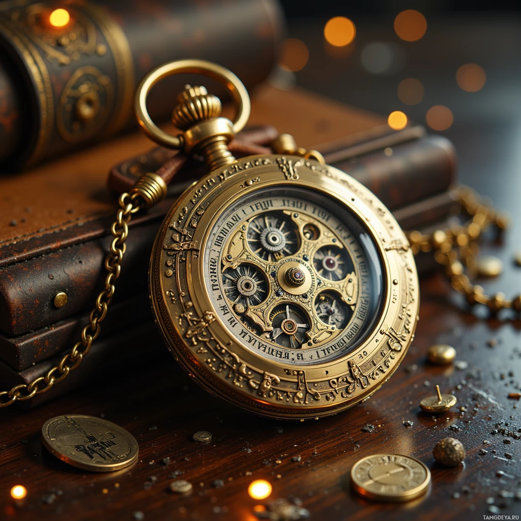 Semi-abstract image with many light, that is suitable for the post:  Polished 2.5‑inch brass miniature pocket crank styled like a Victorian pocket watch, with a weather‑proof leather strap, a hidden USB port, intricate internal gear train, LED battery level bar, and a foldable extension that reveals a full‑size hand‑crank with integrated solar panel.