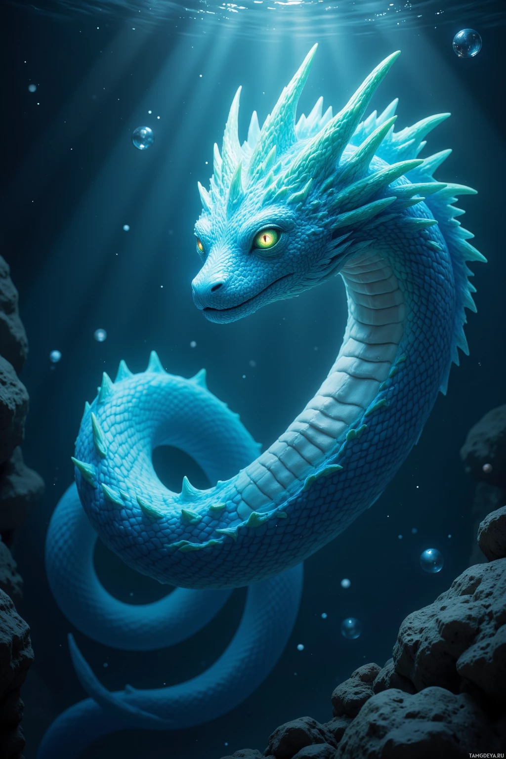 Realistic high quality photo. Male ancient sea serpent with shimmering light blue scales and glowing green eyes, smooth regal head crowned with coral ridges, coiling silently in the dark abyss with translucent fins, surrounded by shifting currents and faint luminous spheres drifting above the ocean surface, calm twilight undersea atmosphere.