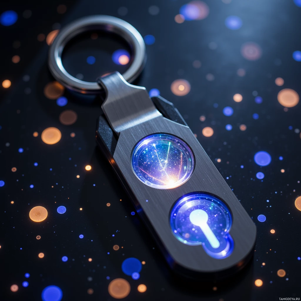 Semi-abstract image with many light, that is suitable for the post:  brushed titanium keychain with a sleek matte finish, featuring a small translucent holographic core pulsing softly and a minimalist keyhole icon, exuding a modern, high‑tech elegance.
