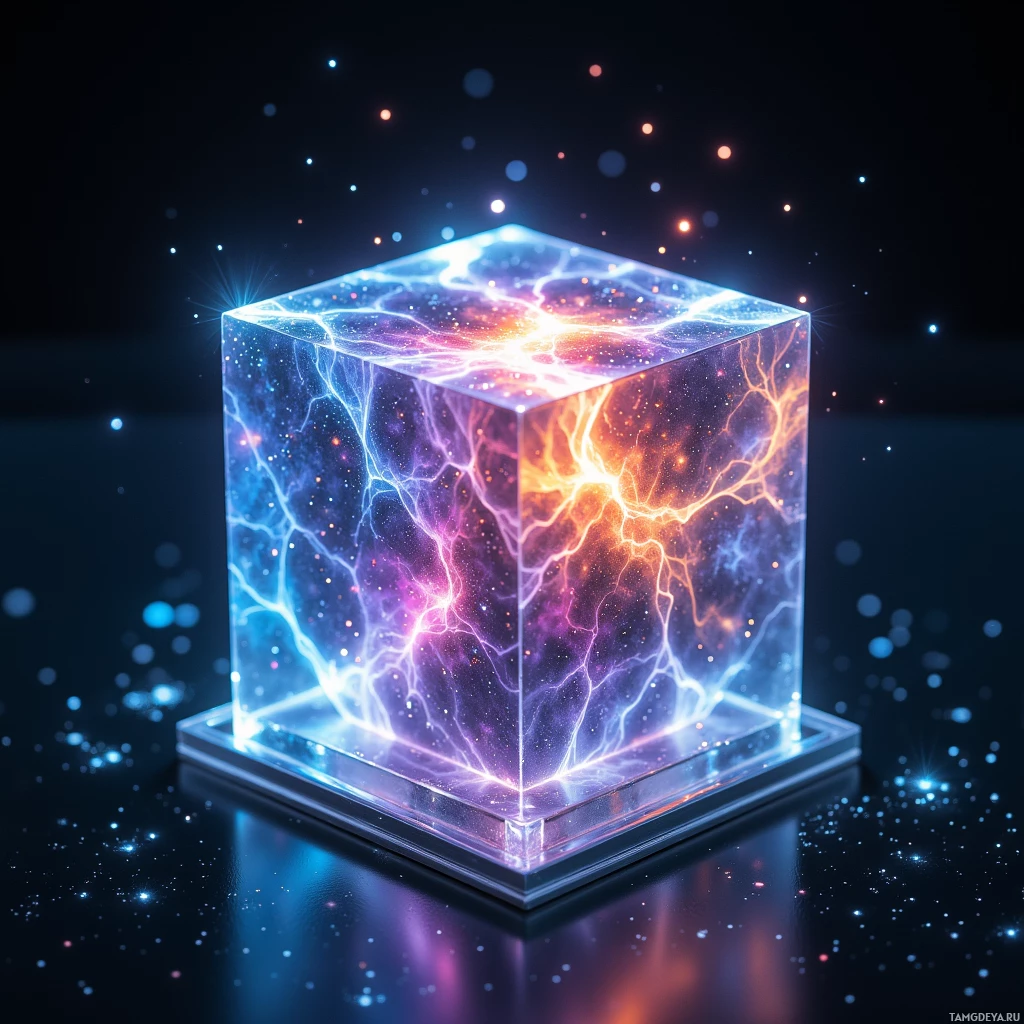 Semi-abstract image with many light, that is suitable for the post:  tiny glass cube with translucent shimmering swirls of shifting nebula colors, faint phosphorescent etched lines glowing softly across its surface, subtle pulsing illumination at the center when pressed, surrounded by a sleek almost invisible metallic frame.