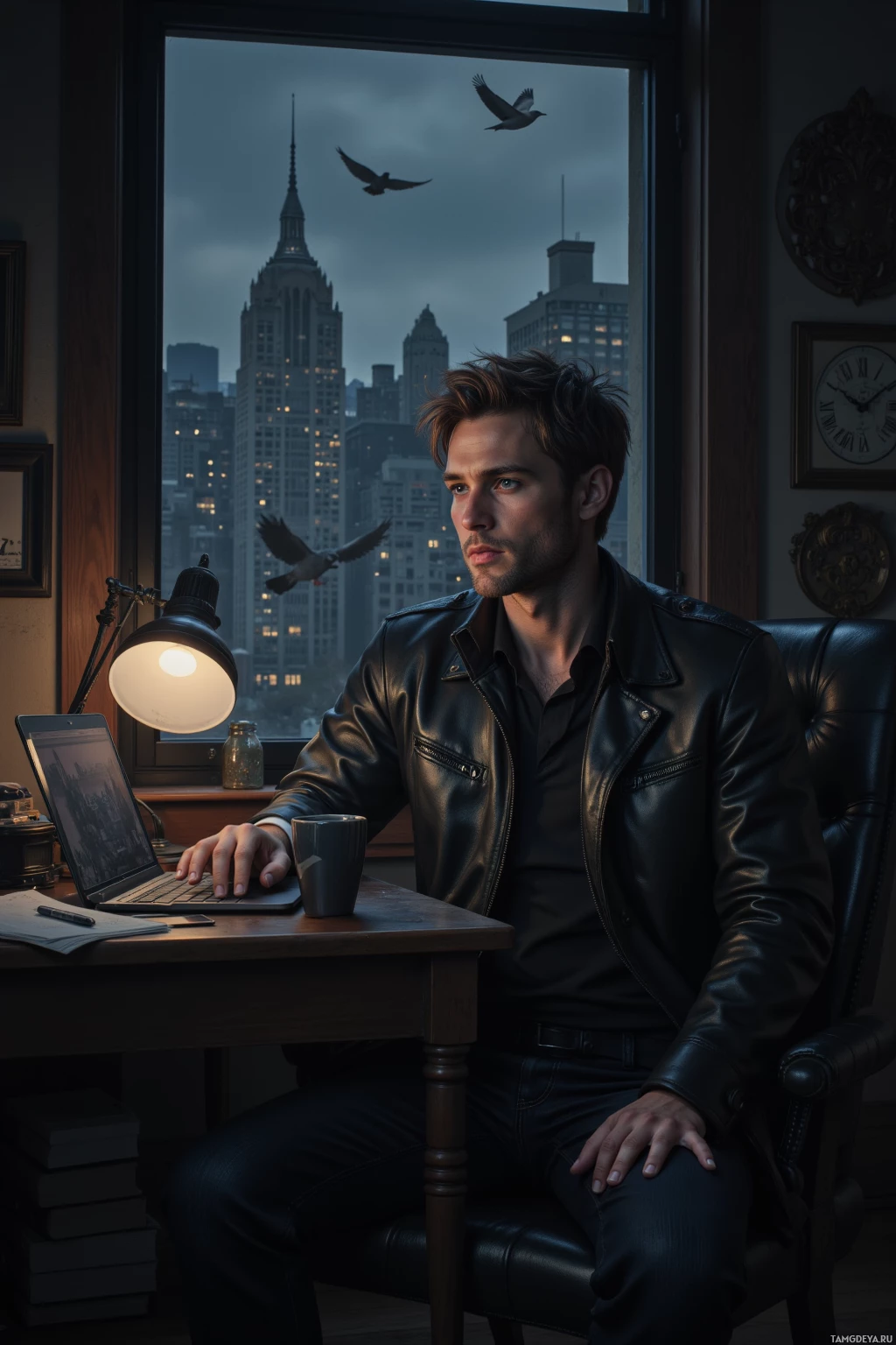 Realistic high quality photo. A 29‑year‑old man with messy light brown hair, piercing blue eyes, pale skin, wearing a fitted dark leather jacket and dark jeans, sits upright in a dimly lit living room with a cluttered desk, a laptop open, a coffee mug and notebook beside him, staring out the window at a flock of pigeons silhouetted against a blackened city skyline during a blackout, the room illuminated only by a desk lamp.