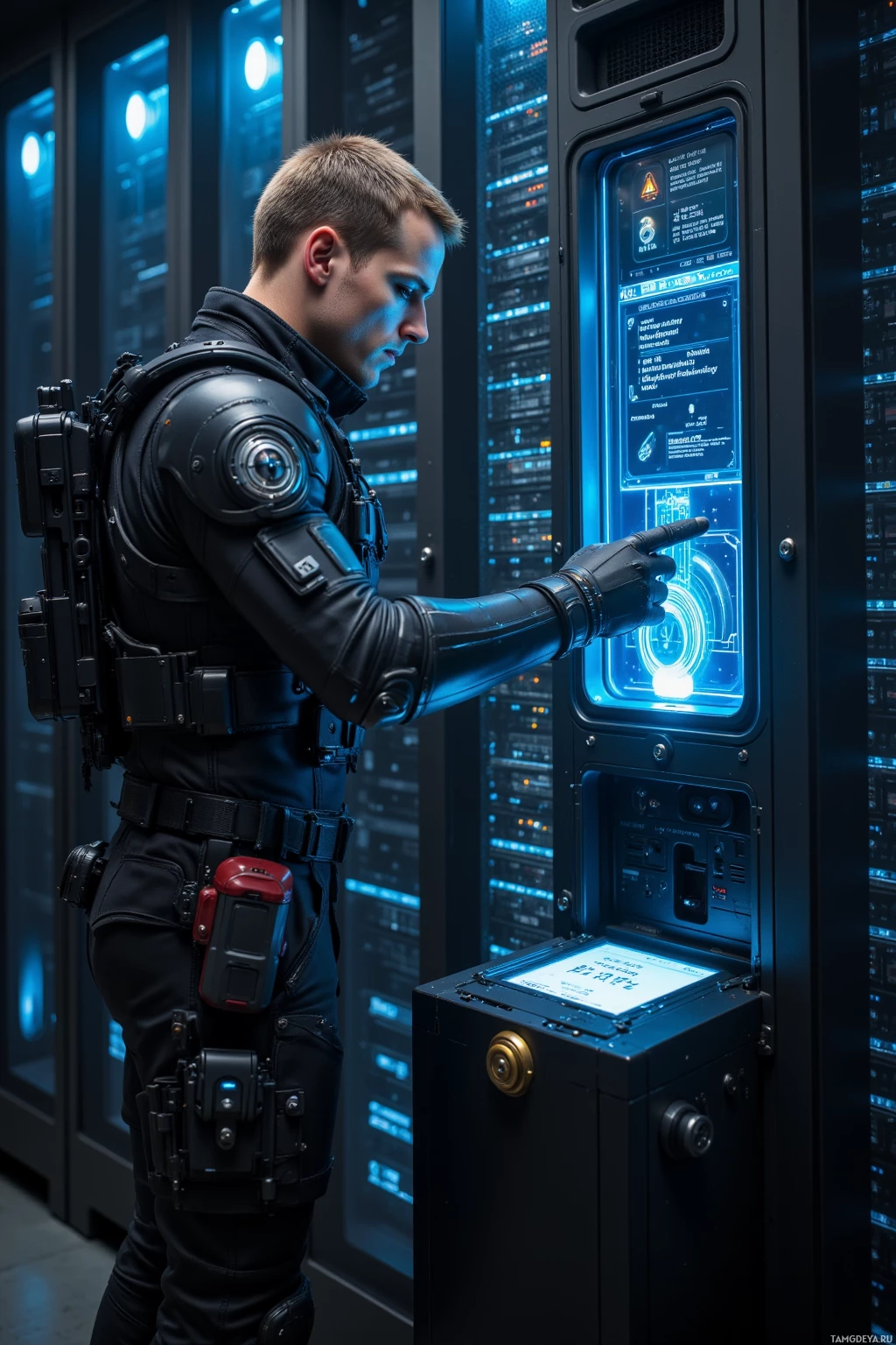 Realistic high quality photo. Male, 30, light brown buzz cut, blue eyes, wearing black tactical armor with neon accents and reinforced combat boots, standing in a dim server room surrounded by humming servers, intensely focused on a glowing holographic screen displaying triple‑encrypted code, holding a handwritten key inside a visible safe deposit box beside him.