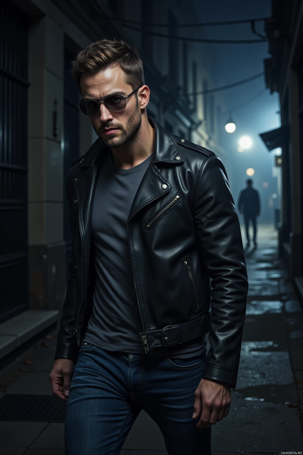 Realistic high quality photo. A confident 36‑year‑old man with short dark brown hair, striking blue eyes, aviator sunglasses and a sleek leather jacket strides out of a midnight maze‑like alley, dim streetlights casting a subtle glow on the concrete as his swagger exudes urban strategy and effortless style.