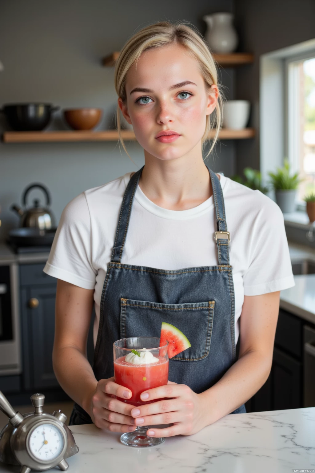 Realistic high quality photo. 29‑year‑old woman with short blonde hair, bright blue eyes, freckles, wearing a white t‑shirt under a slightly worn chef’s apron over dark jeans, standing in a modern kitchen at afternoon light mixing miso‑infused watermelon with smoked trout in a crisp glass while a sous‑vide timer glows beside her, the hum of ovens and pans filling the air, her posture energetic yet slightly impatient.