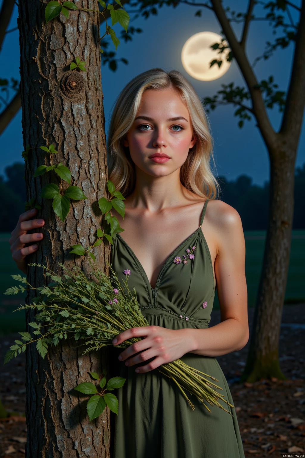 Realistic high quality photo. Female herbalist, 26, wavy blonde hair, vivid blue eyes, warm skin, wearing a flowing earth‑toned green dress with delicate floral embroidery, walking through a moonlit forest clearing of saplings and an ancient cedar with bark mapping seasons, gently placing a bundle of herbs at the base of an ivy‑covered tree, surrounded by soft moonlight filtering through leaves in a tranquil night setting.