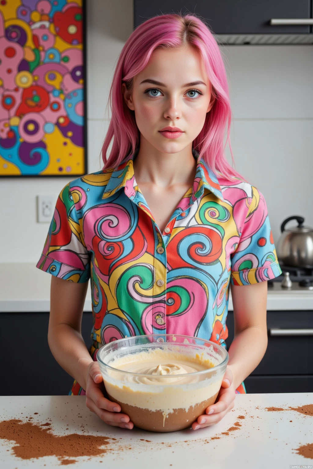 Realistic high quality photo. A 22‑year‑old woman with bright pink hair, blue eyes, radiant skin, playful high cheekbones and small nose in a colorful casual outfit with vibrant patterns, stands in a modern kitchen holding a mixing bowl of tiramisu batter thick with espresso and wasabi, cocoa dust swirling around her as she looks determined, while a large brightly colored art poster hangs on the wall behind her.