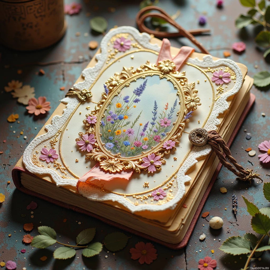 Semi-abstract image with many light, that is suitable for the post:  Hand‑stitched journal with reclaimed paper pages, lace-covered front adorned with faded botanical prints, a hidden pocket containing dried lavender sprigs, a small brass music box visible in the inner seam, warm sepia tones, delicate embroidery, aged paper texture