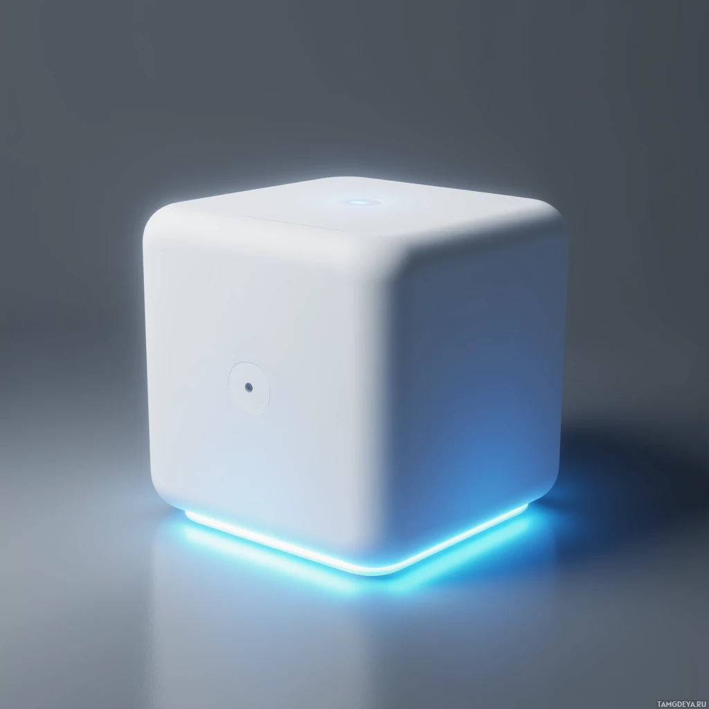 Semi-abstract image with many light, that is suitable for the post:  Matte white cube, 10 cm sides, smooth edges, a single recessed tactile button on the front face, faint cool blue LED glow at the base, minimalistic sleek design.