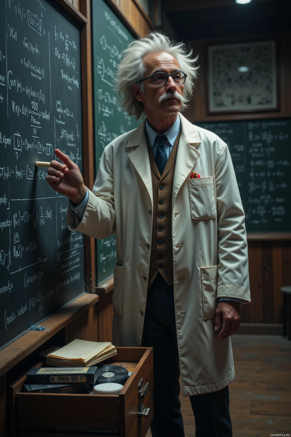 Realistic high quality photo. 45‑year‑old man with wild white hair, round glasses, in a white lab coat over a tweed vest, standing at dusk in a dim hallway lined with chalkboards cluttered with equations, holding a piece of chalk and staring intently at the wall, while a drawer beside him contains dusty napkins and an old VHS tape of Einstein lectures.