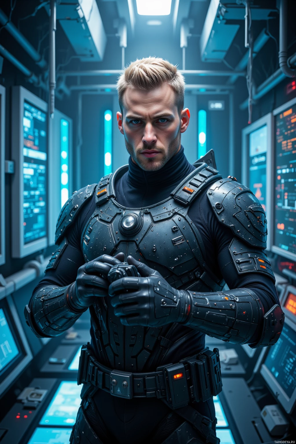 Realistic high quality photo. Male, 40, tall cyber shark with short blonde slicked‑back hair, angular face, piercing brown eyes, sleek metallic fins on his back, wearing a black high‑tech jumpsuit reinforced with metallic plates and a utility belt, calibrating gadgets while observing intrusion attempts in a vast digital ocean of glowing data streams, exuding cold precision and relentless focus.
