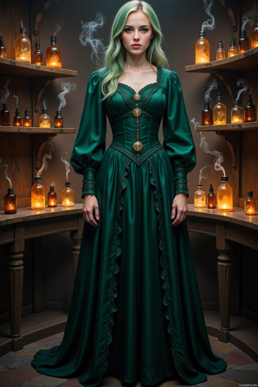 Realistic high quality photo. Woman, 30, green ombre hair in soft waves, pale skin, deep blue eyes, wearing a long dark green Victorian dress with lace, pearls, and a golden brooch, standing in a twilight atelier surrounded by amber vials, faint cat paw prints drifting across the floor, aromatic steam curling around moonlit shelves.