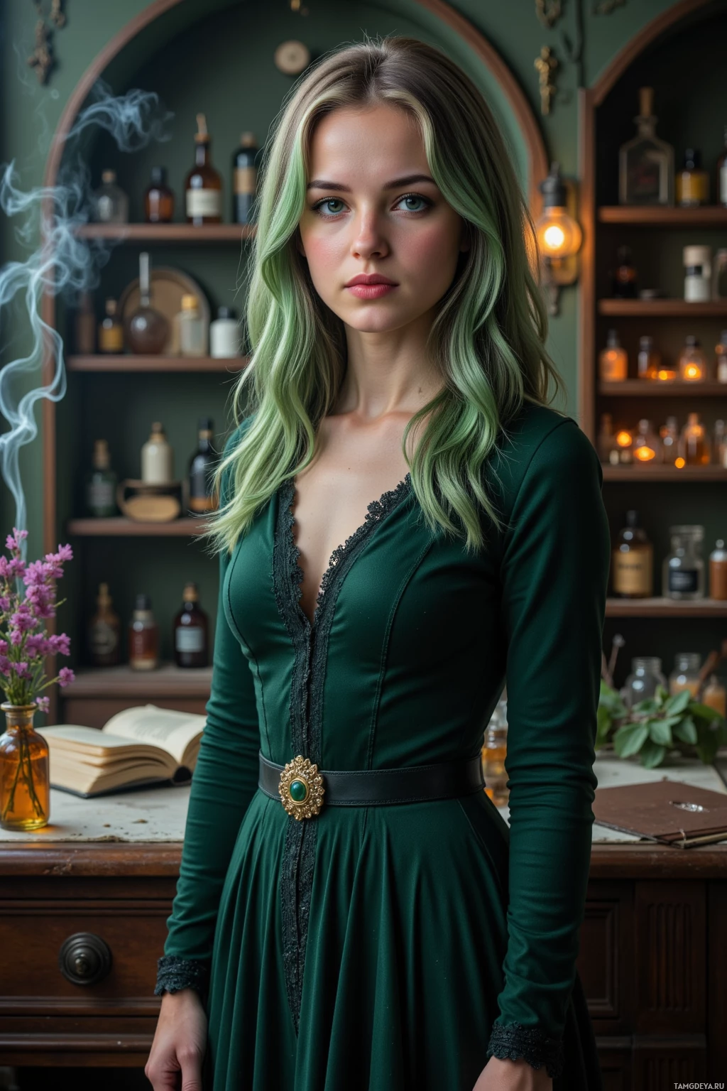 Realistic high quality photo. Woman, 30, green ombre hair in soft waves, pale skin, deep blue eyes, wearing a long dark green Victorian dress with lace, pearls, and a golden brooch, standing in a twilight atelier surrounded by amber vials, faint cat paw prints drifting across the floor, aromatic steam curling around moonlit shelves.