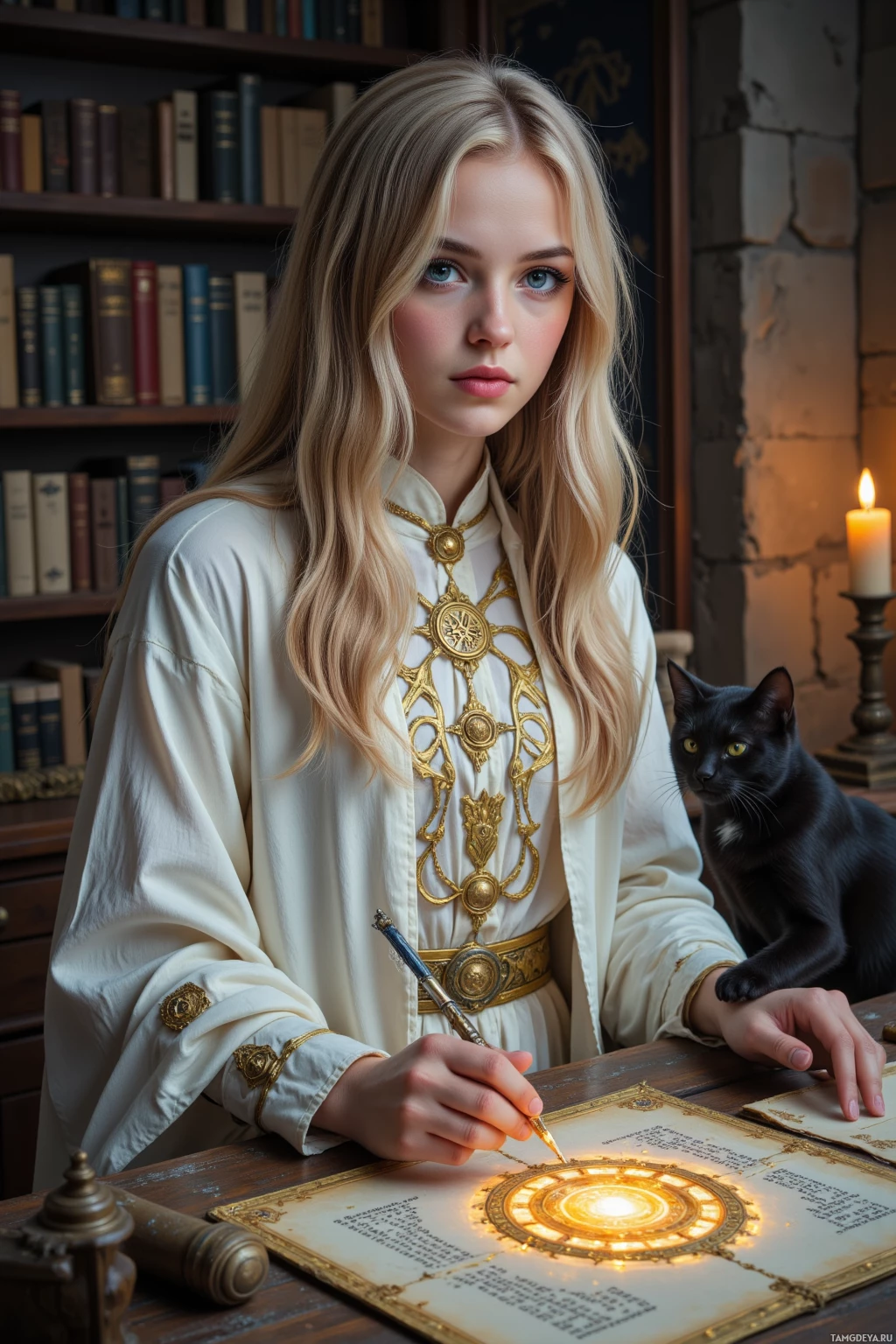 Realistic high quality photo. Female 31-year-old sage with long blonde hair, striking blue eyes and pale skin, wearing flowing white robes intricately patterned with mythological symbols, standing in a dim medieval study lined with ancient scrolls and books, watching a glowing rune on a stone slab emit glittering dust that swirls around a black cat perched on the table while a quill beside her penning “Doom” in shimmering ink, candlelight flickering.