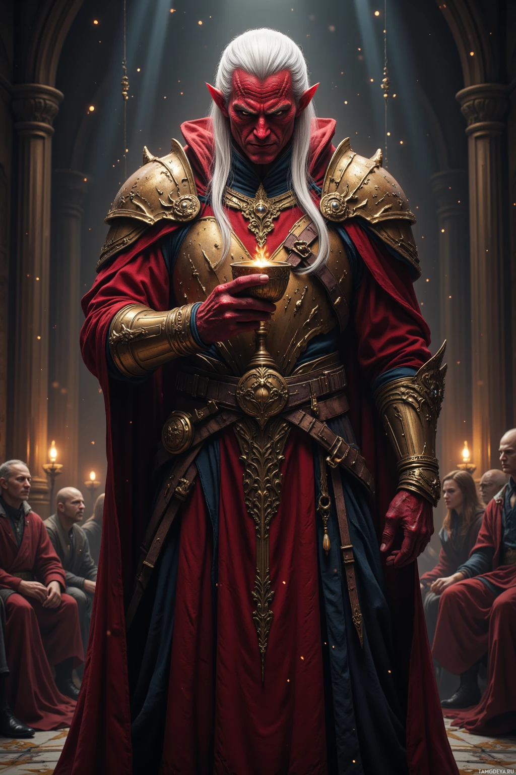 Realistic high quality photo. A tall crimson‑skinned demon prince with sleek white hair swept back, intense red eyes, a constant calculating smile, wearing gold‑trimmed ornate armor and long crimson robes, stands in a dimly lit ancient council hall at night holding a silver goblet with shimmering liquid, watching mortals laugh as puppet strings flutter in shadows, evoking manipulation and inevitable destiny.