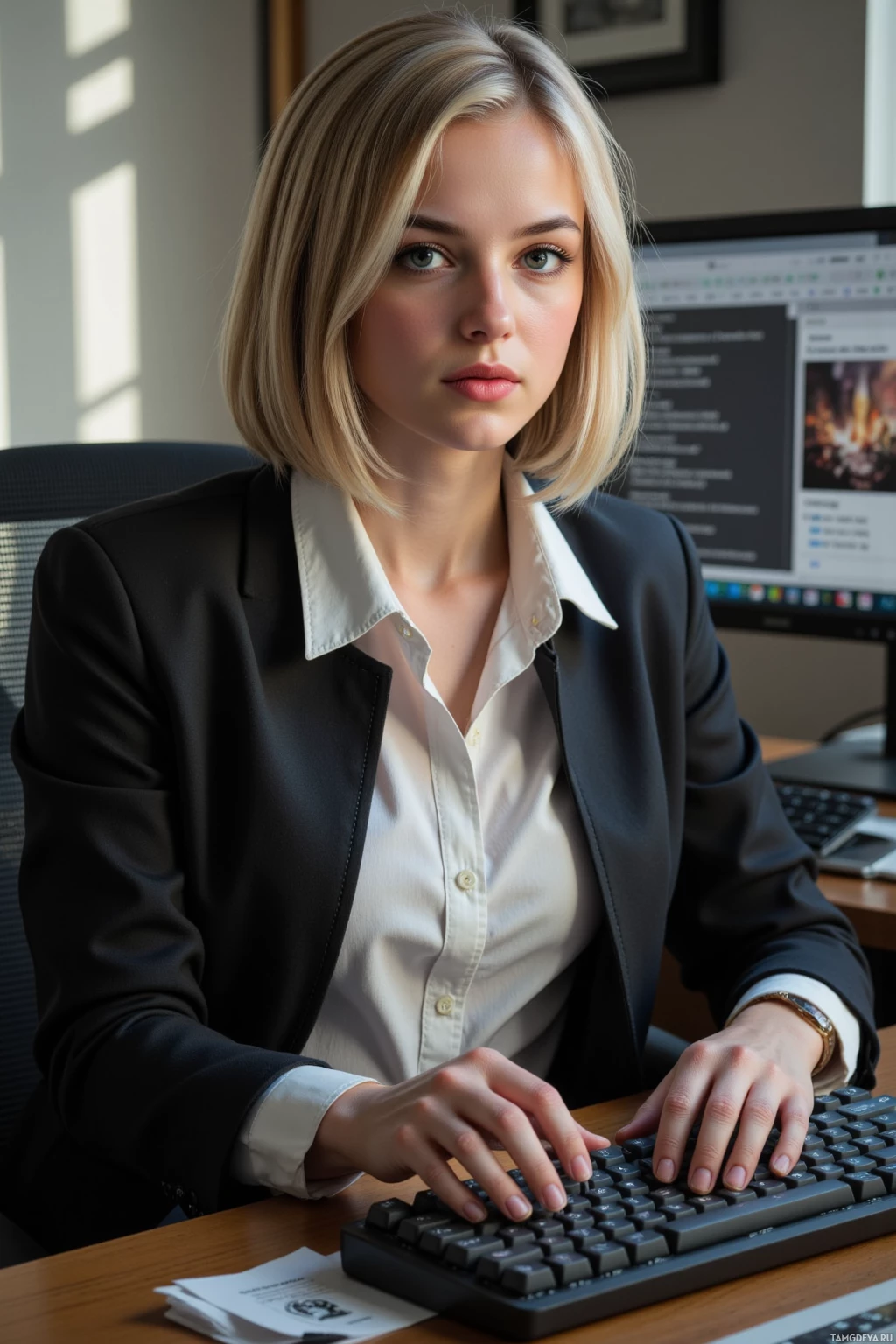 Realistic high quality photo. 26‑year‑old woman with light blonde bobbed hair, green eyes, wearing a dark jacket over a white shirt and jeans, sits at a desk bathed in slanted afternoon light, surrounded by a stack of unopened strategy guides, her hand poised over a custom mechanical keyboard that clicks like a metronome, while a tactical game scrolls on a monitor, her focused posture conveying obsessive precision.