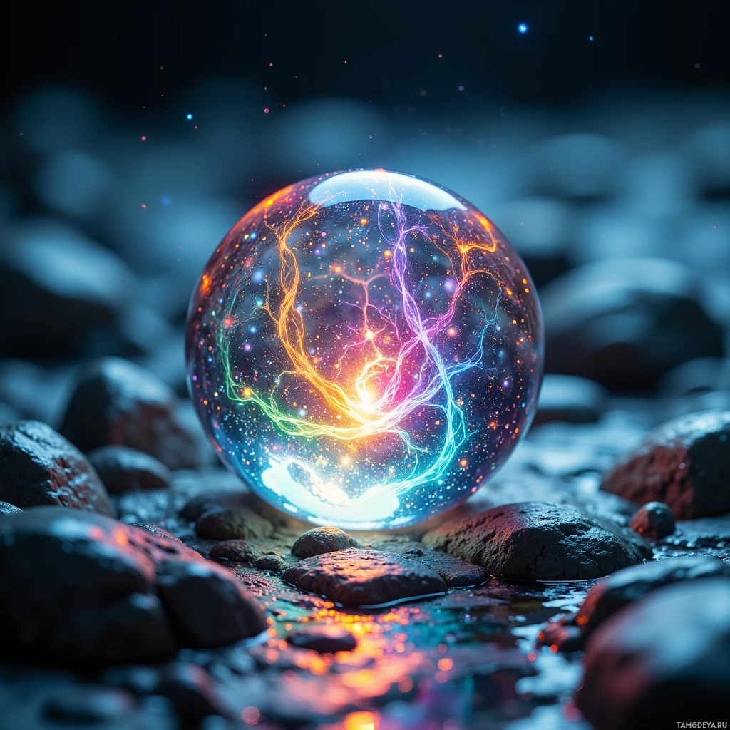 Semi-abstract image with many light, that is suitable for the post:  tiny translucent fused silica sphere etched with weathered runes, polished reflective surface emitting color‑shifting holographic ribbons and a subtle internal glow from an embedded microreactor, reflecting faint sea currents in a hauntingly luminous shimmer.