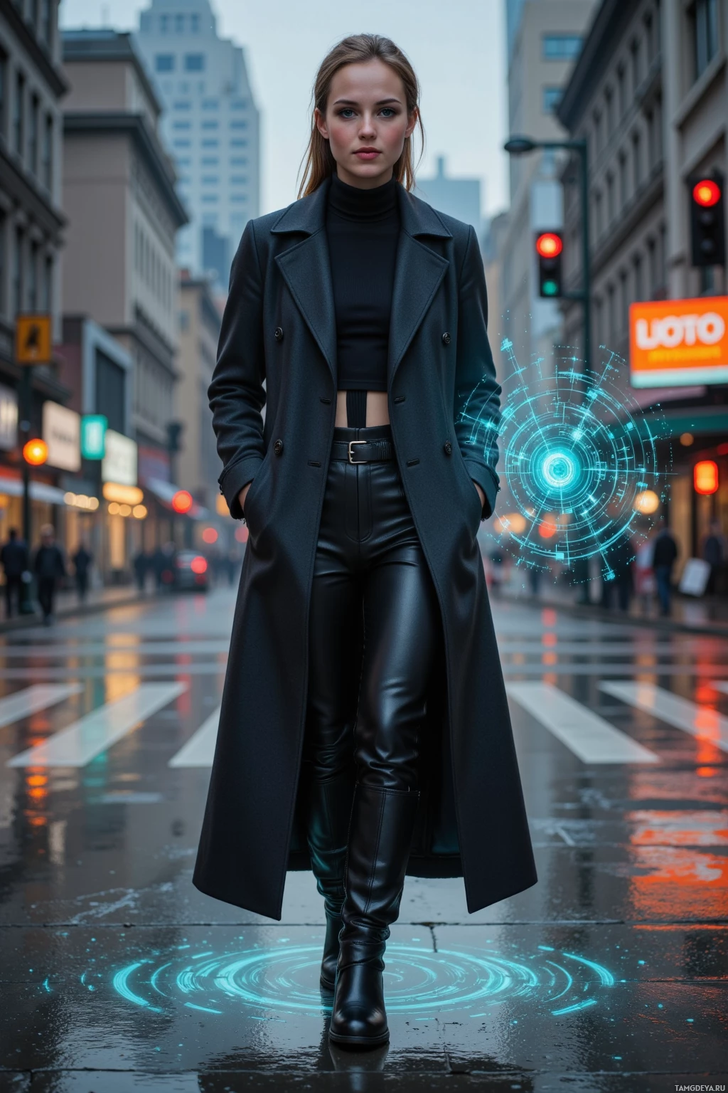 Realistic high quality photo. Female, 30, light brown hair tied back, piercing green eyes, wearing a long black coat and bold futuristic boots, standing on an empty city street at dusk under glowing traffic lights glitching in the grid, a holographic code display hovering beside her as drones buzz overhead, she smiles confidently yet guardedly.