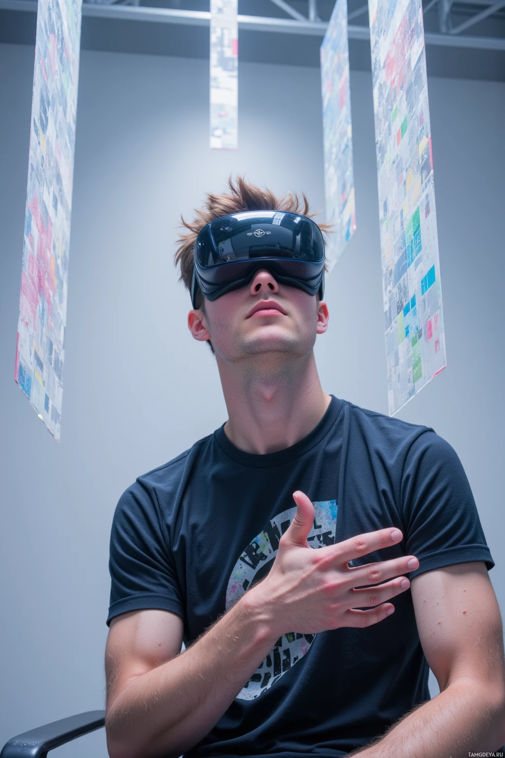Realistic high quality photo. A calm 28‑year‑old male artist with tousled light brown hair, blue eyes, pale skin, wearing a casual graphic t‑shirt and sleek VR goggles perched on his head, sits in a softly lit studio surrounded by floating translucent mesh panels and pixelated geometry aligning into seamless patterns as he tweaks the scene, while the subtle hum of his VR rig fills the air.