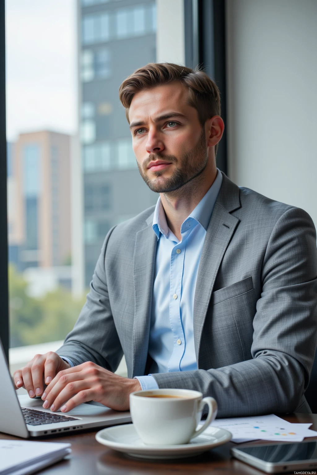 Realistic high quality photo. 36-year-old man with short light brown hair, blue eyes, wearing a tailored light gray suit and pale blue shirt, seated at a sleek modern office desk with a laptop open to a social media feed, a lukewarm tea cup on the desk, watching a stylized influence graph unfold on the screen, window showing a cityscape, afternoon light.