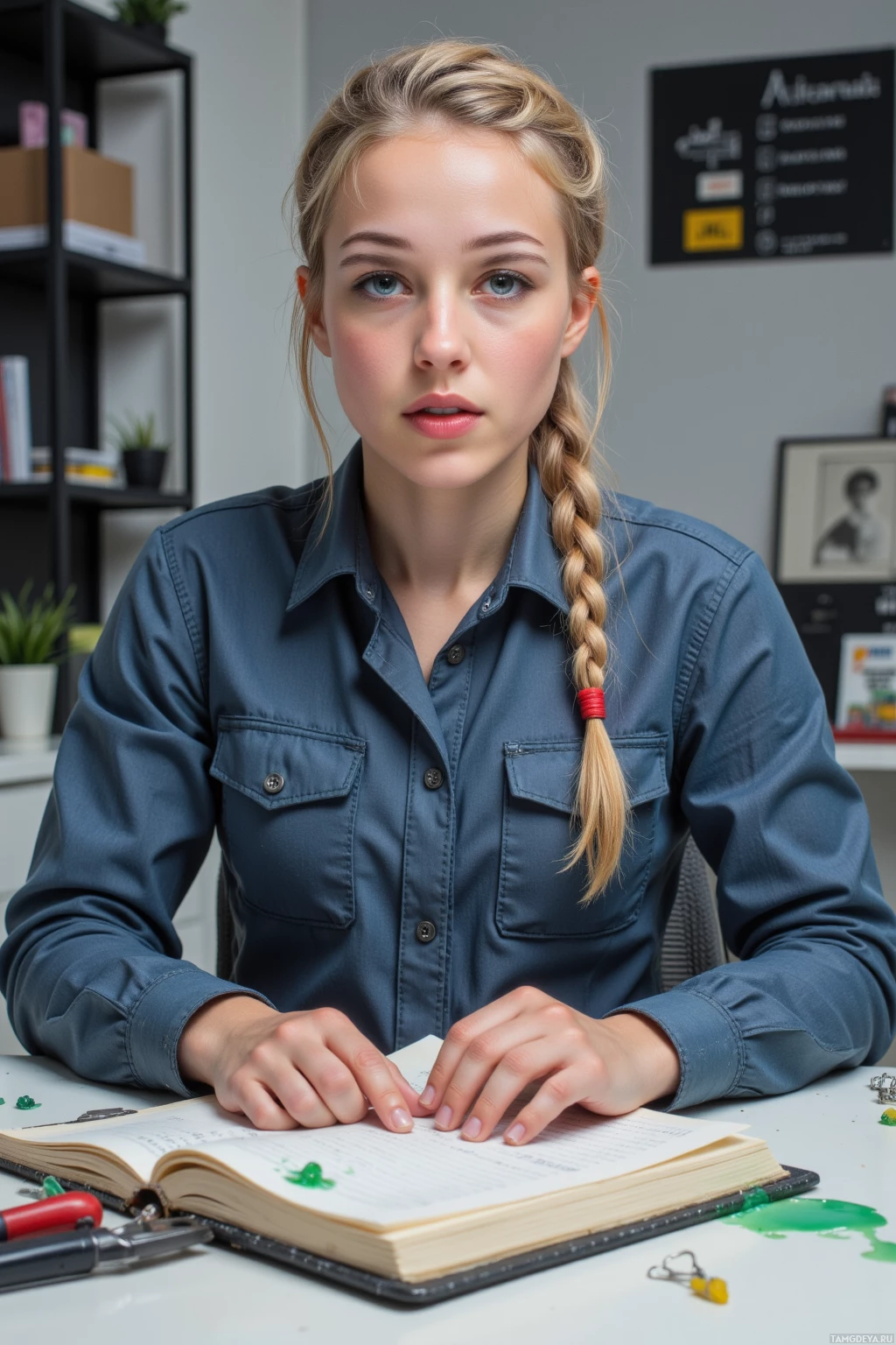 Realistic high quality photo. Female mechanic, 27, braided blonde hair, sharp blue eyes, pale skin, wearing a functional mechanic jumpsuit with multiple pockets, standing at a modern office desk where a modular shelf prototype has slipped onto a stray paperclip, a stack of notebooks, a tiny algae splash in the corner, and scattered tools, her expression a mix of frustration and playful determination.