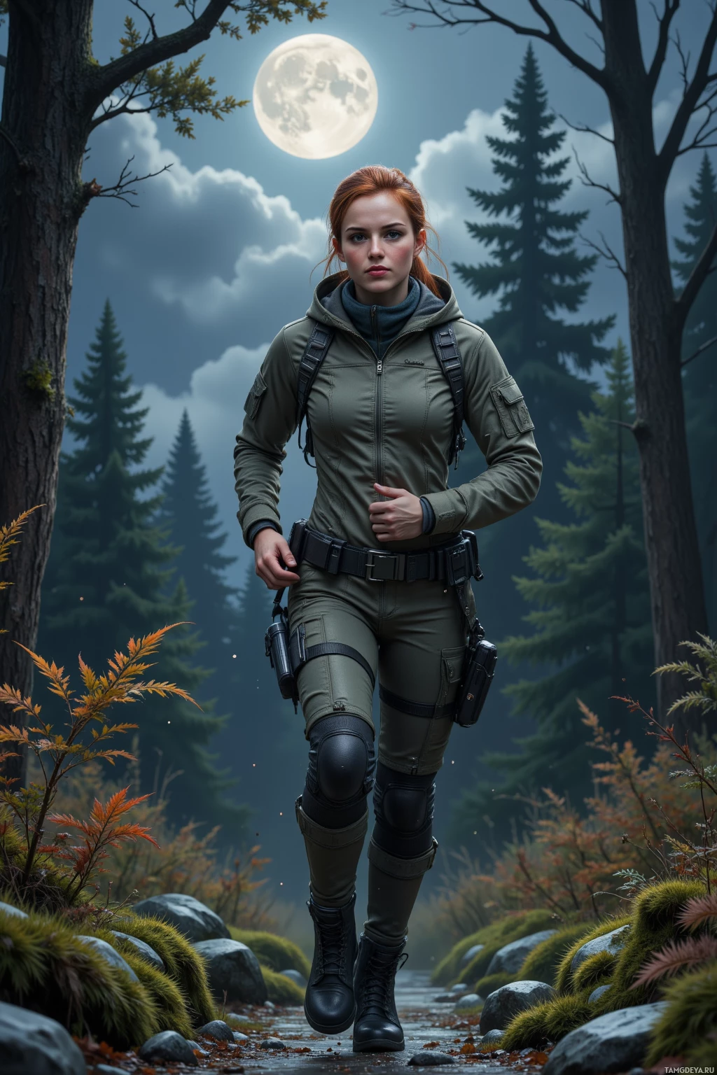 Realistic high quality photo. A female hunter, 28, athletic, sleek auburn hair, amber eyes, pale skin in lightweight tactical gear with a utility belt and knee‑high boots, silently sprinting through a moonlit forest beneath a clouded sky, bracken shifting under her feet, moss‑laden stump glistening in starlight, night air heavy with pine and wet stone.