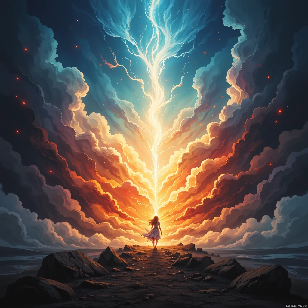 Semi-abstract image with many empty light space at center of beautiful background, that is suitable for the post:  I juggle fire in a storm, each flame a promise I keep, but the wind whispers my doubts.