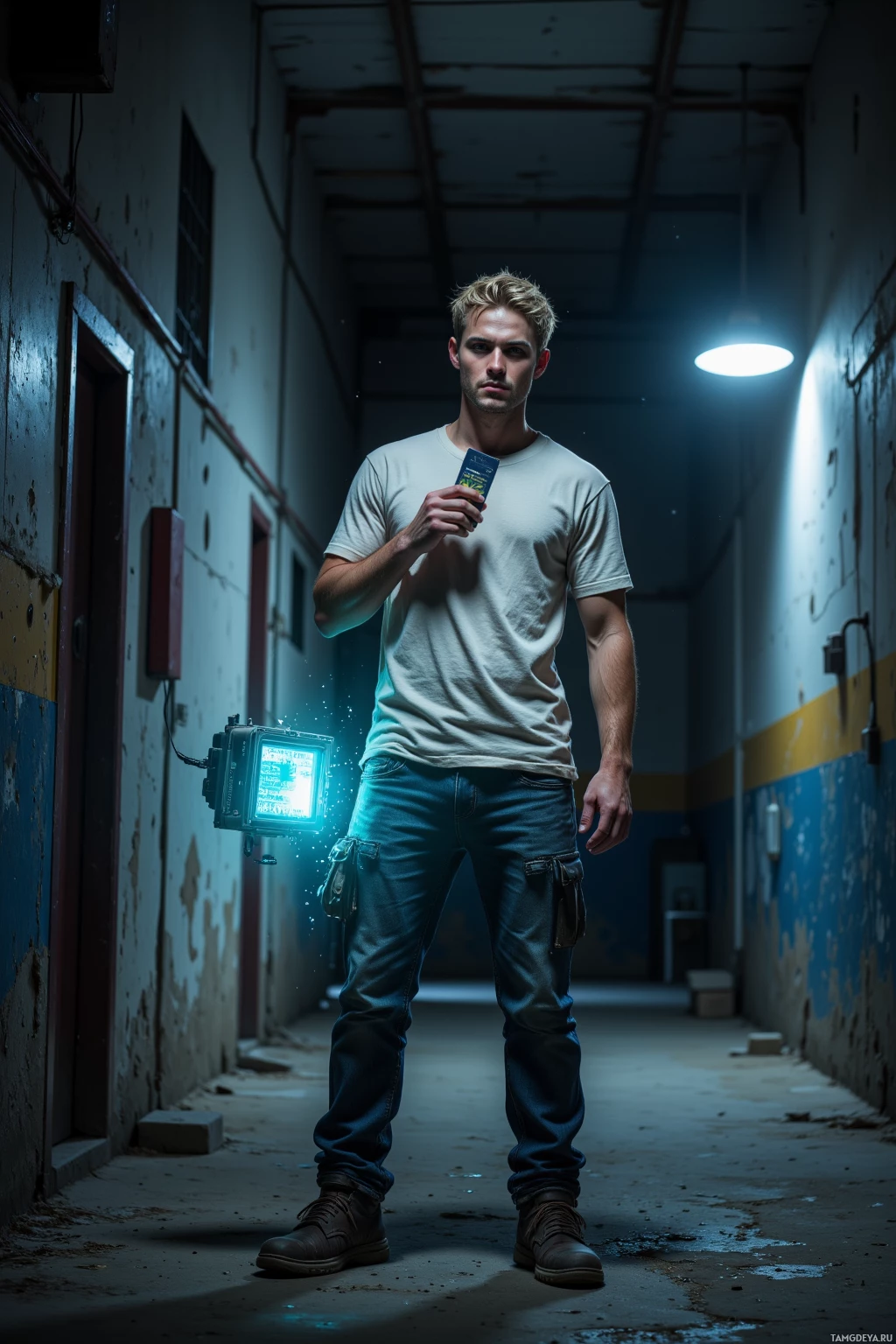 Realistic high quality photo. Young scruffy-haired blonde man in his 20s with piercing blue eyes and rugged features, wearing faded jeans, worn t‑shirt, beat‑up sneakers, standing by a dimly lit abandoned warehouse alley at midnight, holding an old terminal glowing with code, confronting a hovering drone with a sarcastic grin, hand reaching for a keycard as cold air shimmers around him.