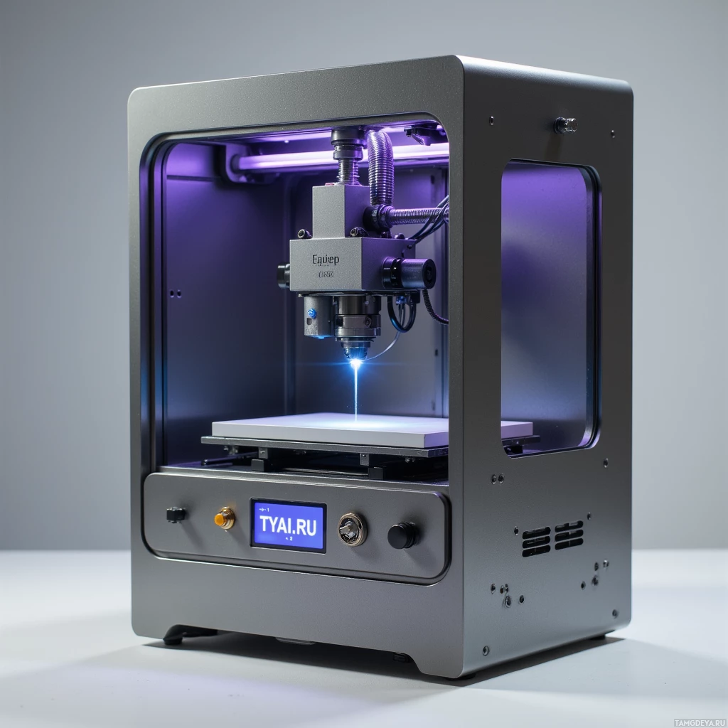 Semi-abstract image with many light, that is suitable for the post:  Compact CNC milling and 3D printing combo with a sleek polished titanium frame, matte finish, integrated laser guide, exposed aluminum motors, single power port, minimalist control interface, and clean, no‑frills rectangular chassis.