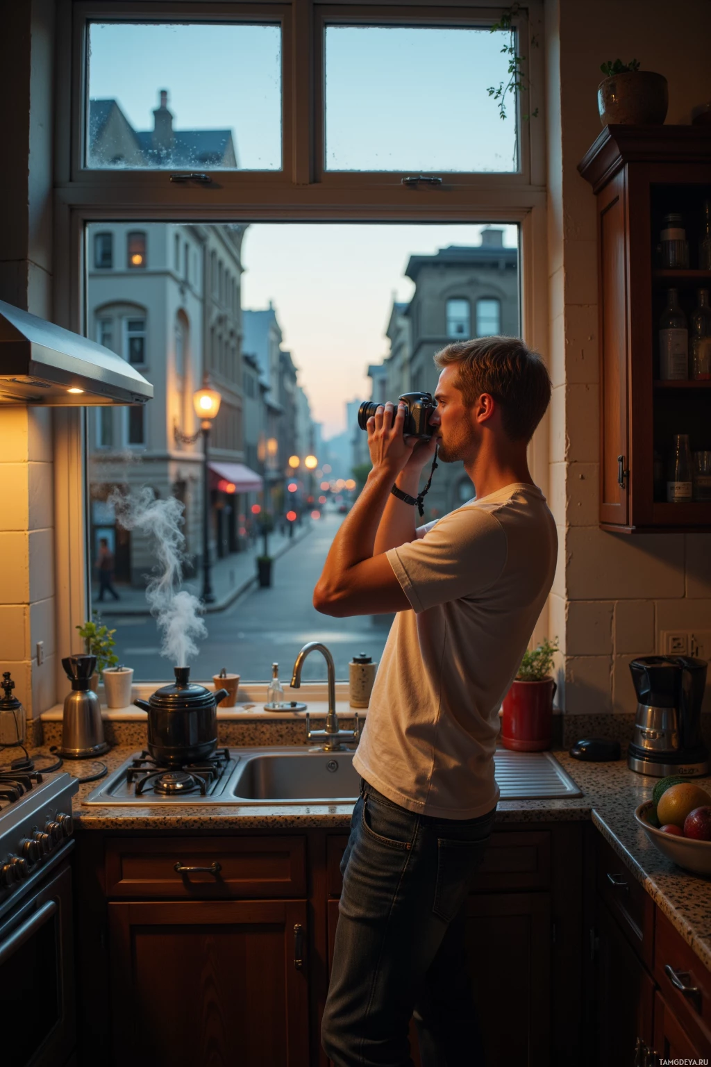 Мужчина стоит на кухне и фотографирует улицу через окно.