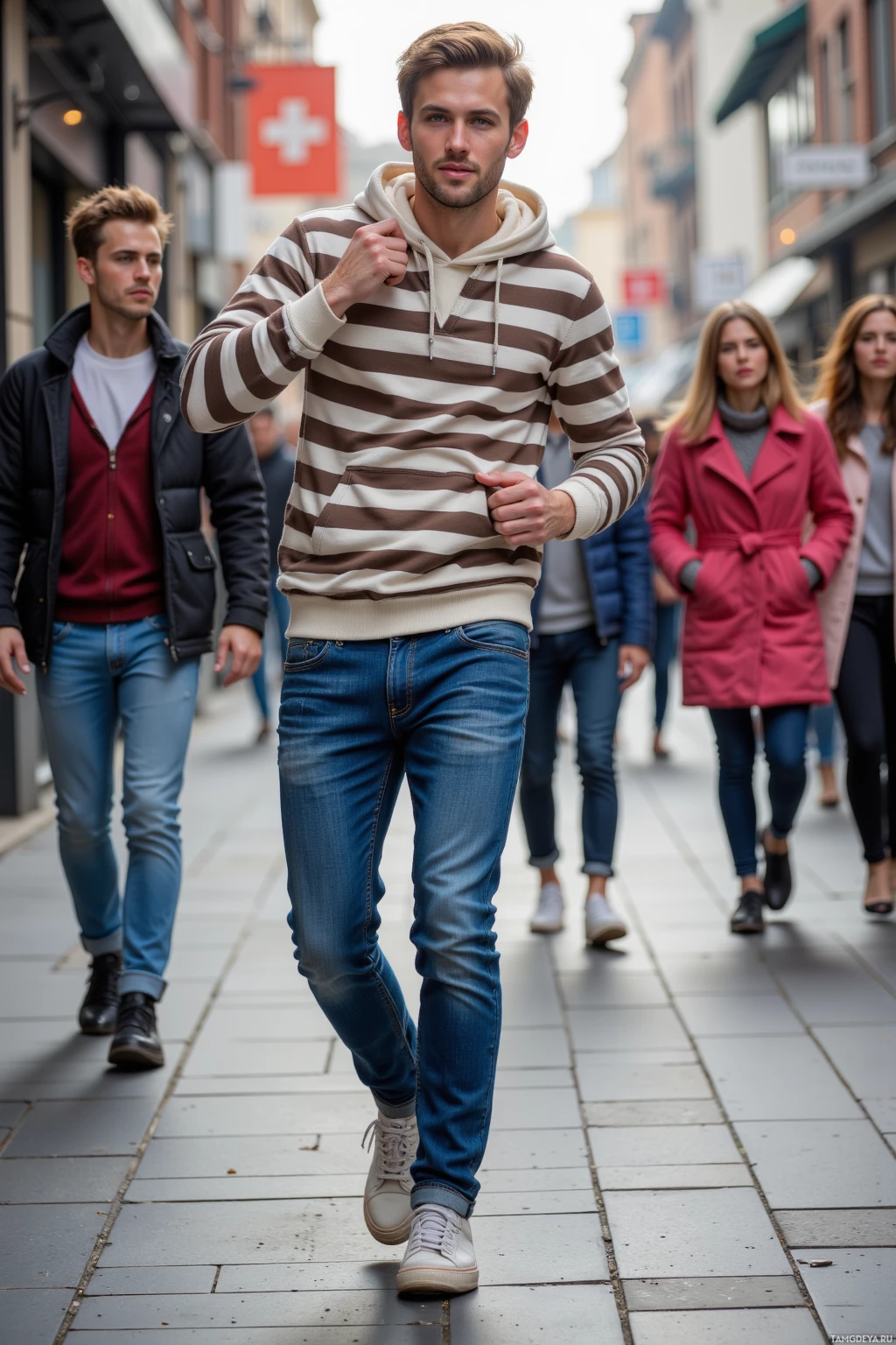 Realistic high quality photo. Young man with light brown short hair, pale skin, green eyes, striped hoodie and blue jeans, mid‑dance improvisation on a lively city sidewalk, laughing while engaging amused passersby under daylight.